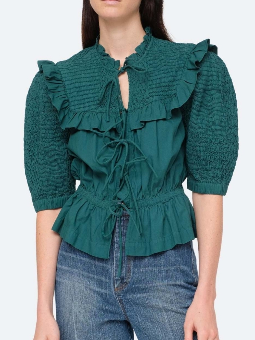 Sea New York Teal Ruffle Smocked Peasant Blouse